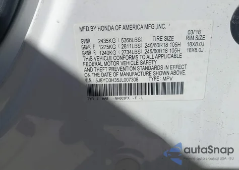 2018 Acura Mdx из США, поврежденный, VIN 5J8YD3H35JL007308